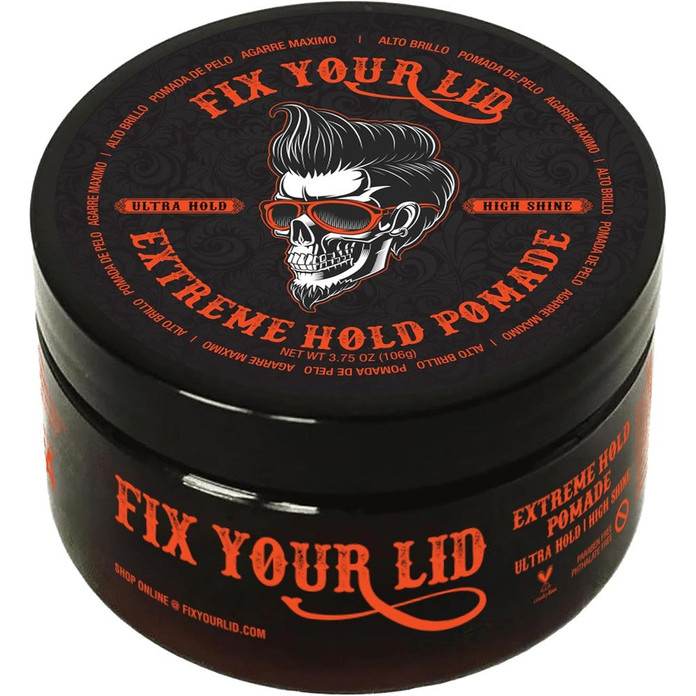 Fix Your Lid Extreme Hold Hair Pomade jar front view showing the signature skull graphic lid