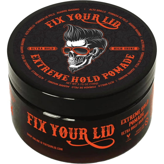 Fix Your Lid Extreme Hold Hair Pomade jar front view showing the signature skull graphic lid
