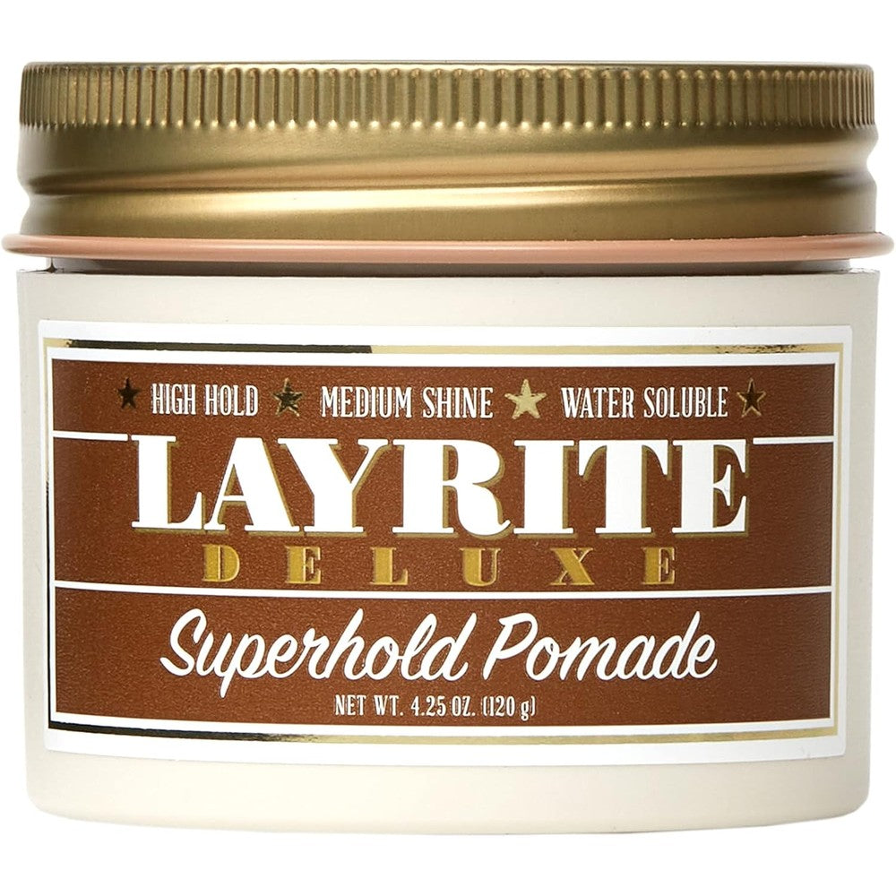 Layrite Superhold Pomade front view of the orange four point two five ounce jar for high hold hair styling