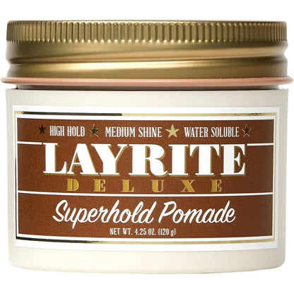 Layrite Superhold Pomade front view of the orange four point two five ounce jar for high hold hair styling