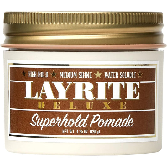 Layrite Superhold Pomade front view of the orange four point two five ounce jar for high hold hair styling