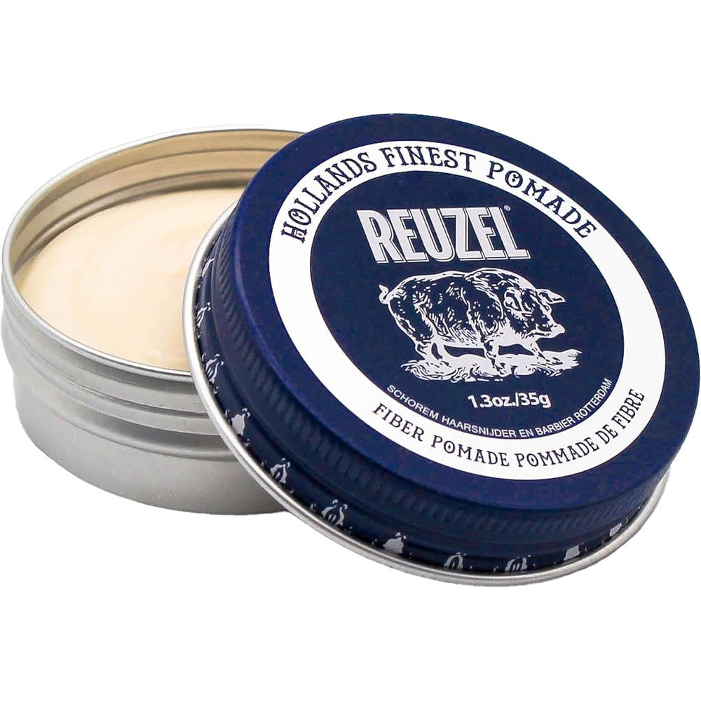 Reuzel Fiber Pomade 1.3 Ounce tin front view showing authentic USA imported packaging for men's hair styling.