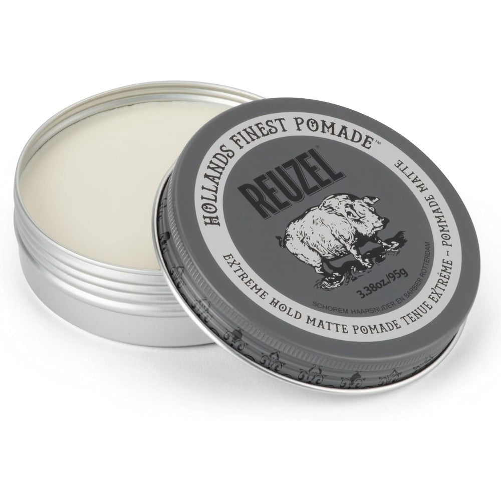 Reuzel Extreme Hold Matte Pomade front view of silver tin for premium mens hair styling.