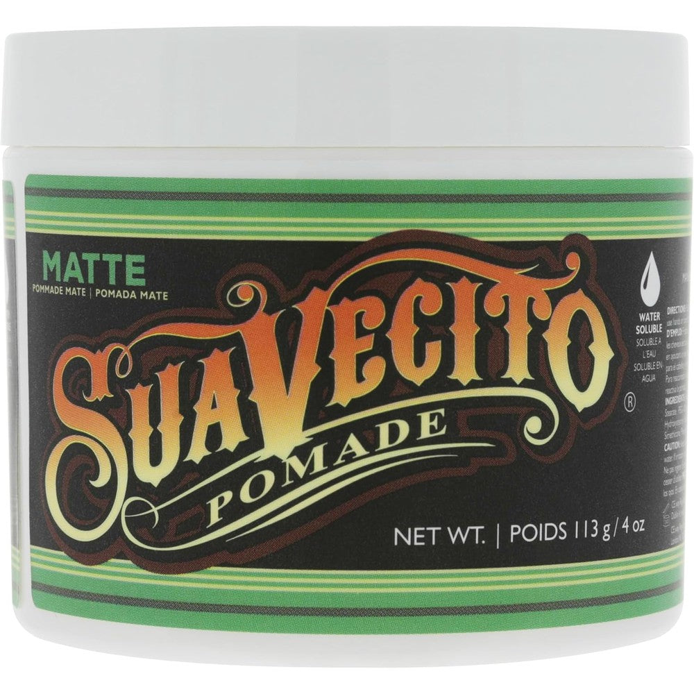 Suavecito Matte Pomade front view jar showcasing green striped label design