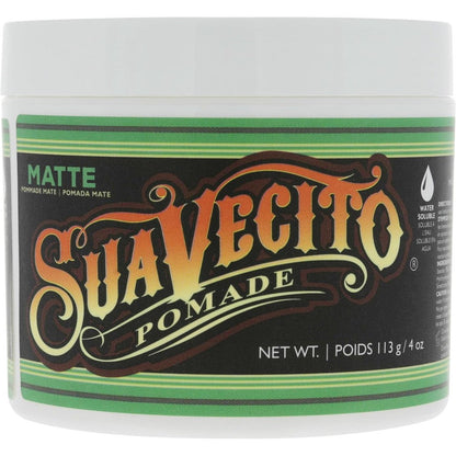 Suavecito Matte Pomade front view jar showcasing green striped label design