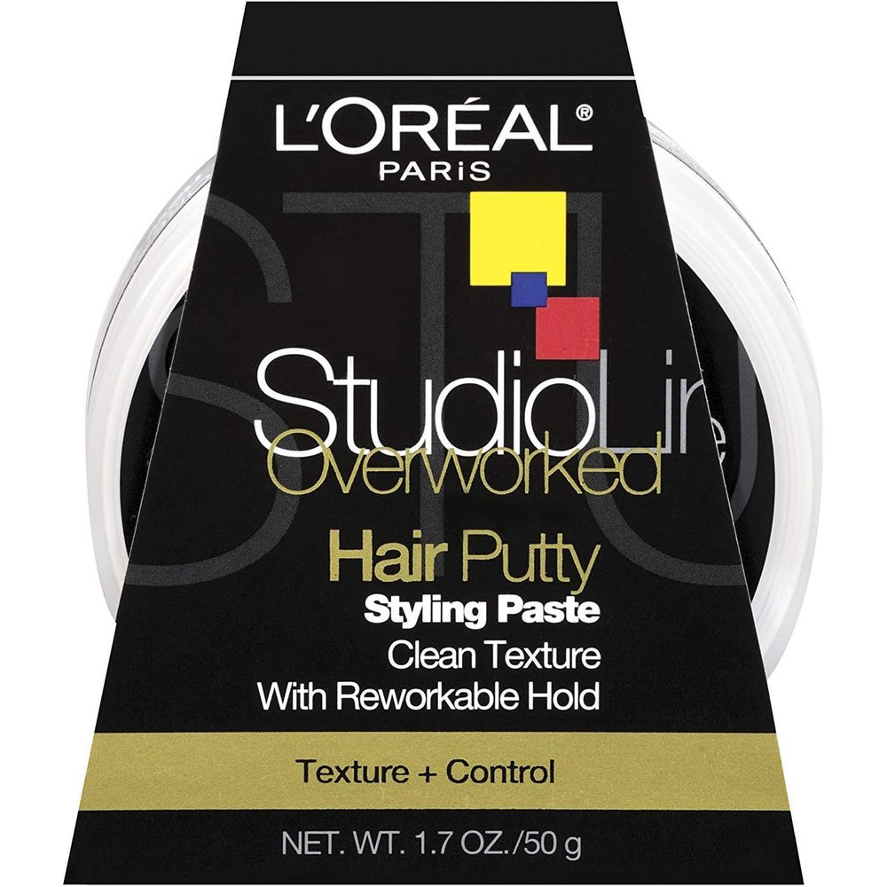 L'Oreal Paris Studio Line Overworked Hair Putty front view premium imported styling wax container