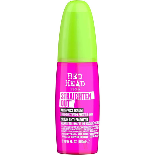 TIGI Bed Head Straighten Out Anti Frizz Serum front view of neon pink bottle