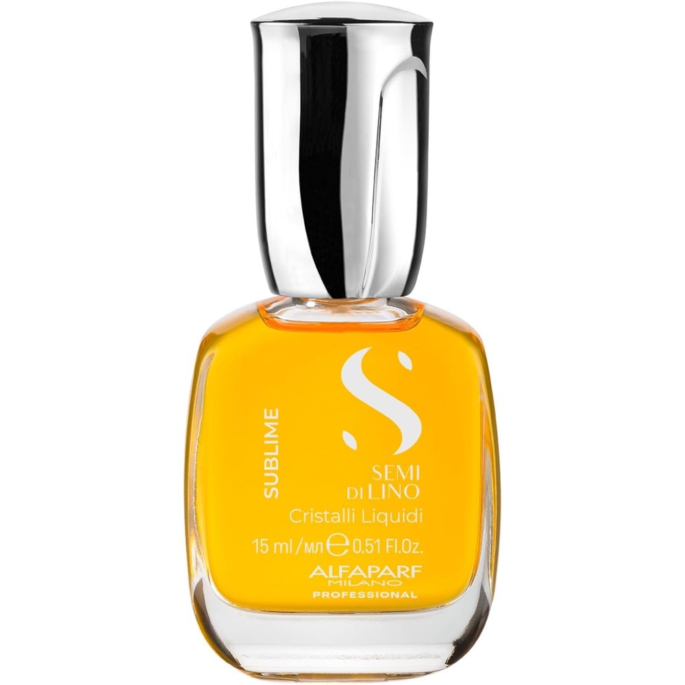 Alfaparf Milano Semi di Lino Sublime Cristalli Liquidi hair oil serum front view showcasing professional salon packaging.