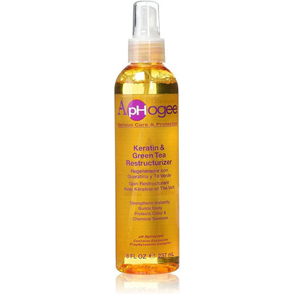 ApHogee Keratin and Green Tea Restructurizer spray bottle front view for anti breakage hair treatment.