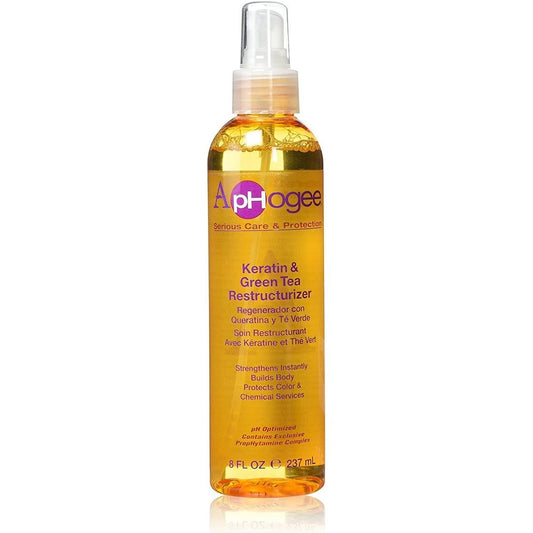 ApHogee Keratin and Green Tea Restructurizer spray bottle front view for anti breakage hair treatment.