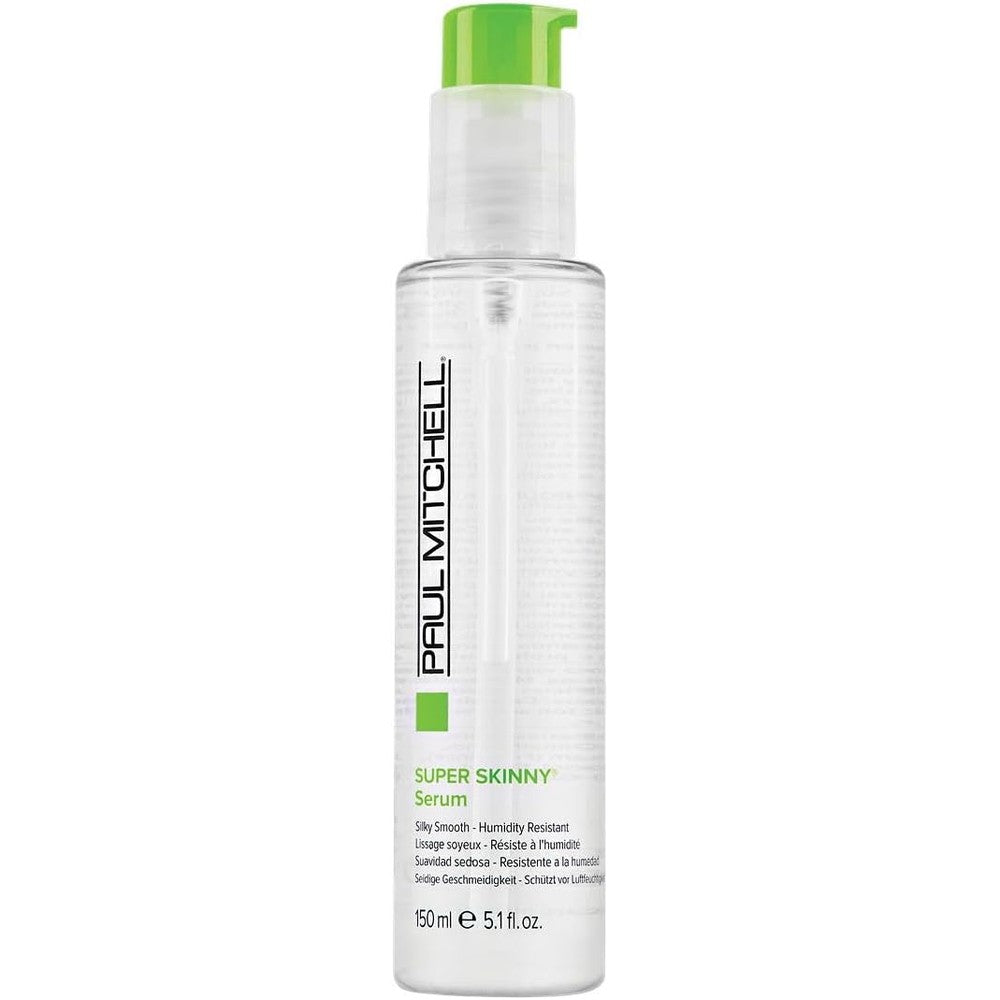 Paul Mitchell Super Skinny Serum 150ml bottle front view with green pump for anti frizz hair styling