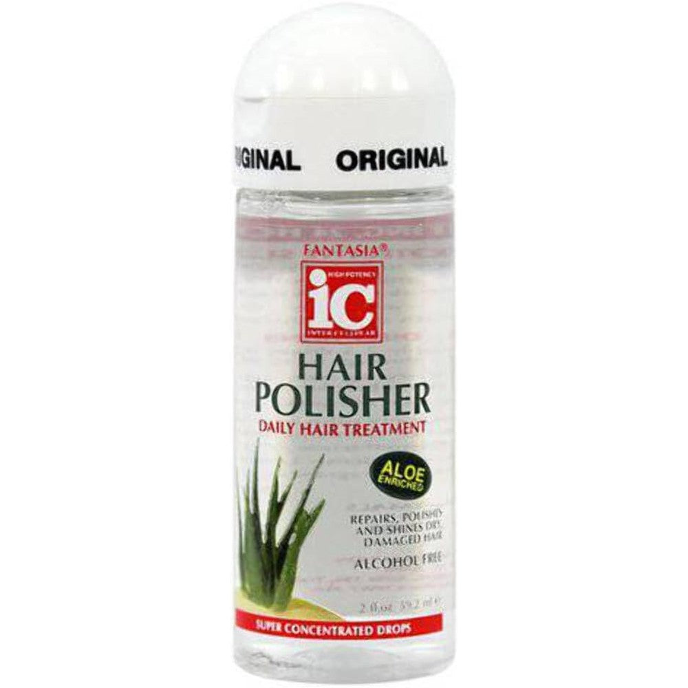Fantasia IC Hair Polisher 2 Fluid Ounce front view bottle showing aloe enriched daily treatment benefits for frizzy hair.