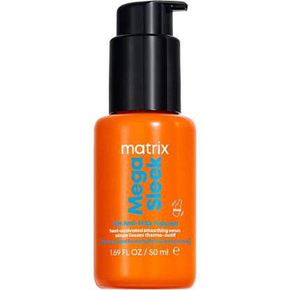 Matrix Mega Sleek 96H Anti Frizz Topcoat Serum front view bottle showing professional hair care branding.
