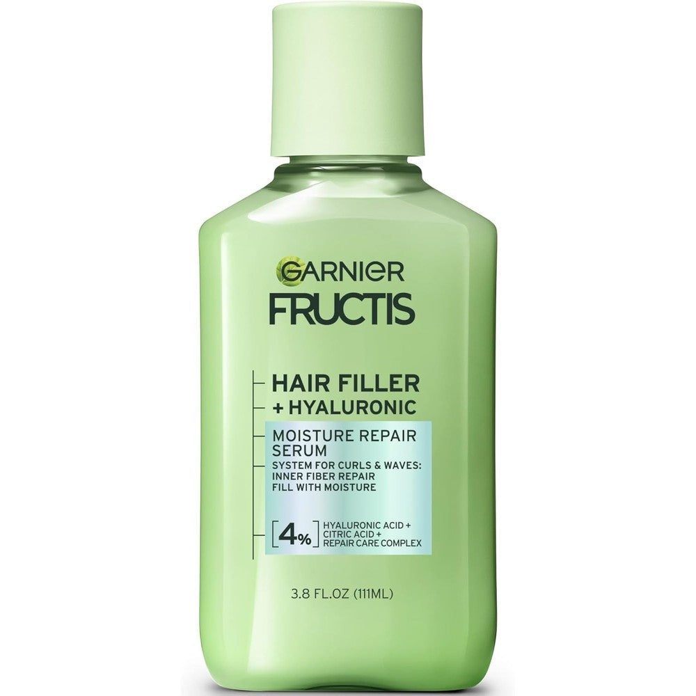 Garnier Fructis Hair Filler Moisture Repair Serum front packaging view showing hyaluronic acid ingredients.