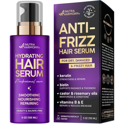 Nutraharmony Hydrating Hair Serum front view showcasing anti-frizz formula