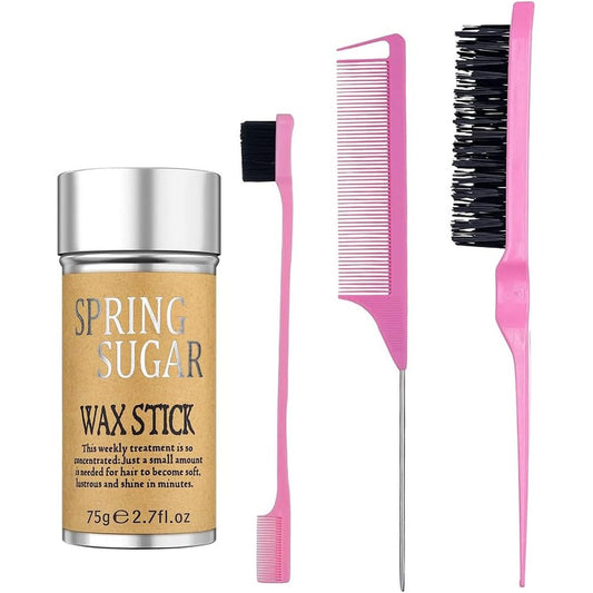 SPRINGSUGAR hair wax stick set front view with pink styling combs for flyaways control