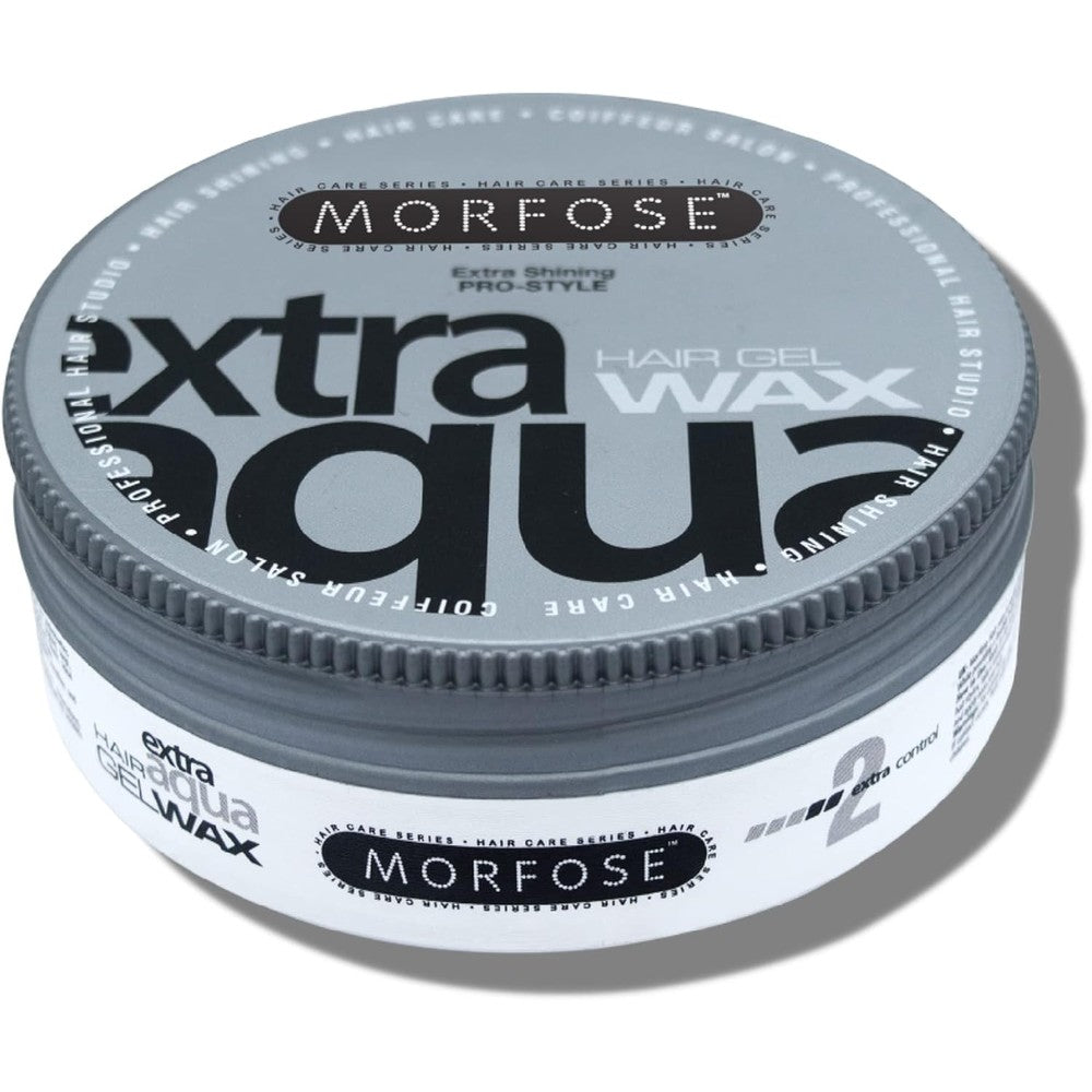 Morfose Extra Aqua Hair Gel Wax 175ml front view container for professional styling.