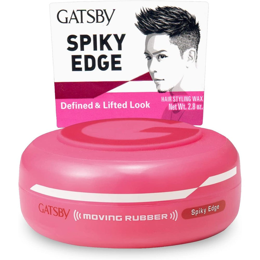 Gatsby Moving Rubber Spiky Edge Hair Wax front view of bright pink tub packaging