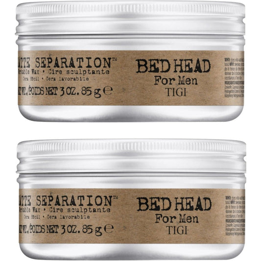 TIGI Bed Head For Men Matte Separation Workable Wax twin pack front view showing the silver tins.