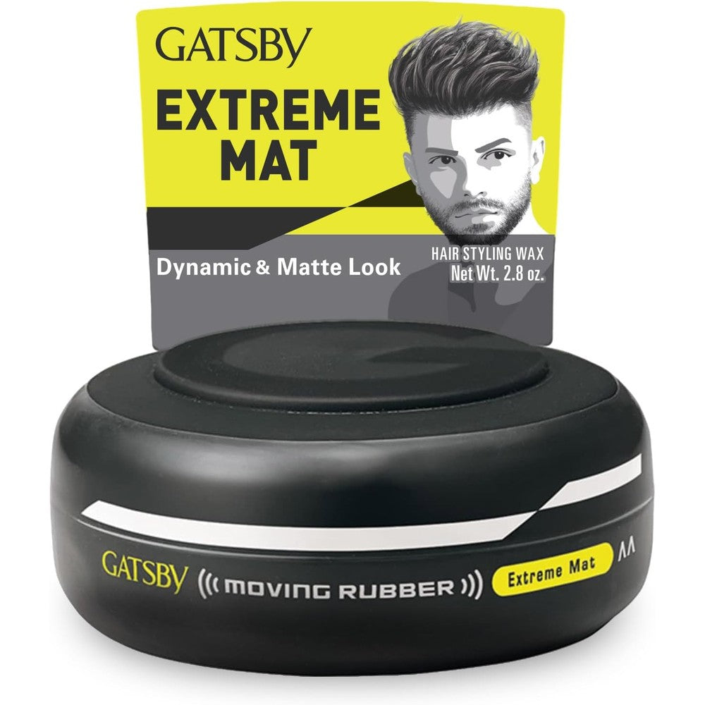 Gatsby Moving Rubber Extreme Mat hair styling wax front view of circular container.