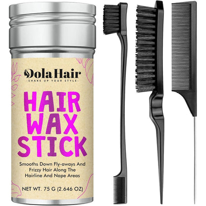 Dolahair Hair Wax Stick front view packaging with metallic lid for flyaway control.