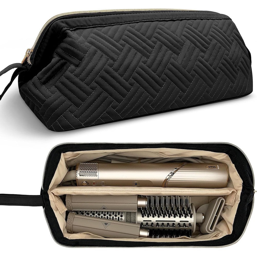 Chelvvg hair tools travel bag in black quilted fabric front view showcasing portable handle