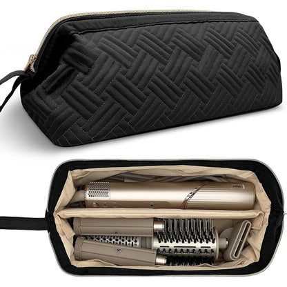 Chelvvg hair tools travel bag in black quilted fabric front view showcasing portable handle