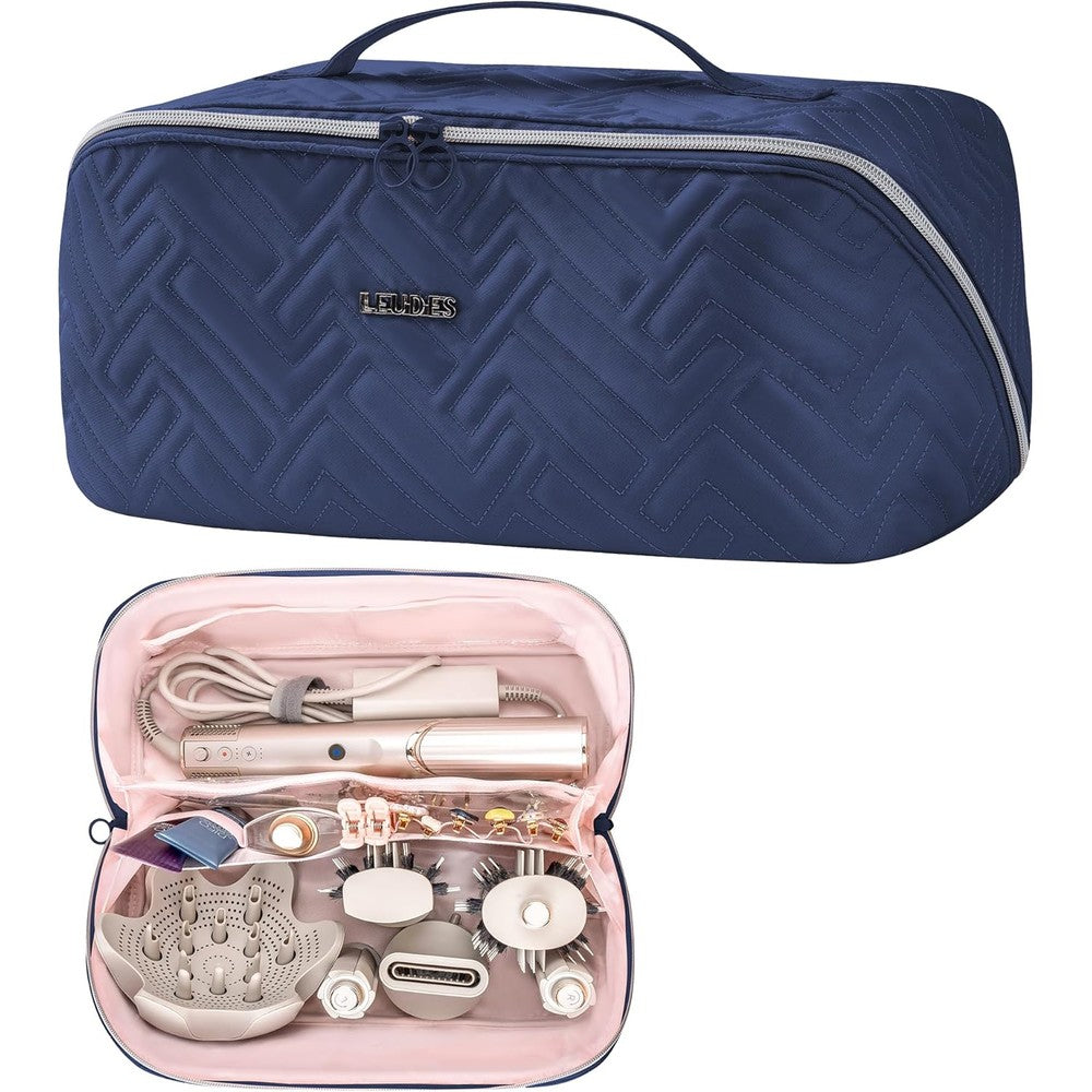 Leudes hair tools travel bag in navy blue front view showing quilted geometric pattern