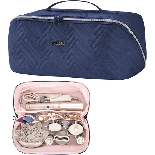 Leudes hair tools travel bag in navy blue front view showing quilted geometric pattern