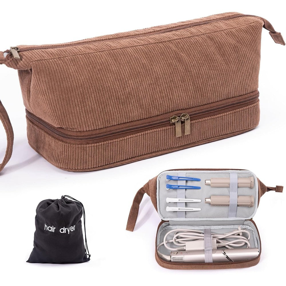 ELCUPA hair tools travel case front view showing brown corduroy texture and top handle