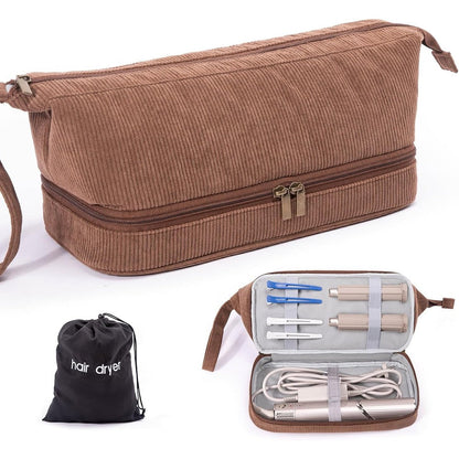 ELCUPA hair tools travel case front view showing brown corduroy texture and top handle