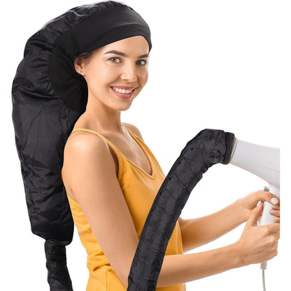 HIFILTURE upgraded large hooded hair dryer bonnet cap in black showing front view attachment