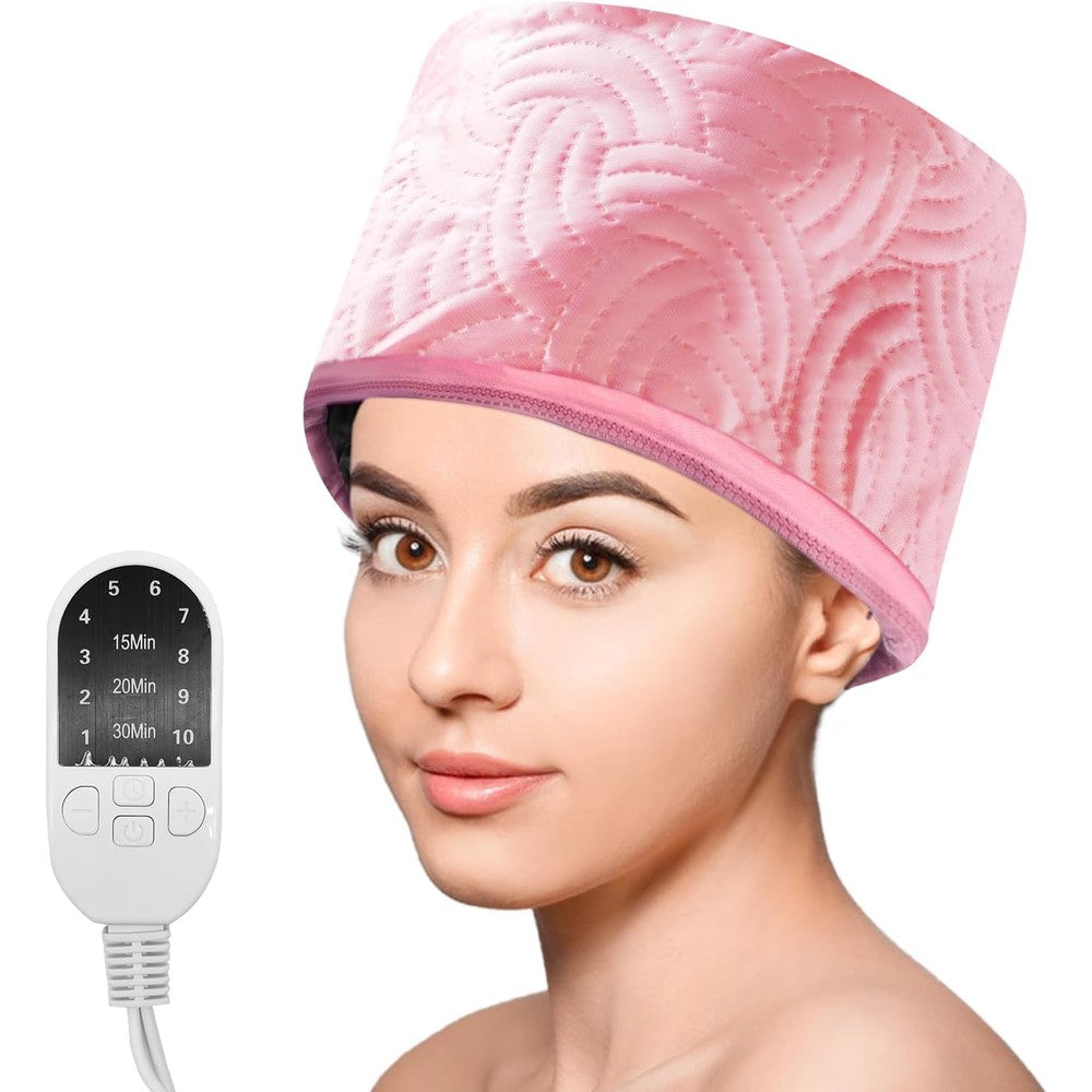 Snekuli Hair Steamer Cap front view showing the vibrant pink exterior design and adjustable drawstring.