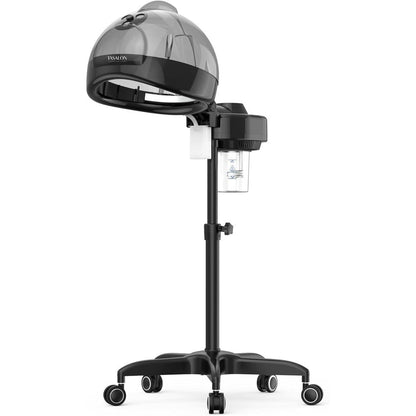 TASALON professional hair steamer front view showing hooded design and wheeled rolling base
