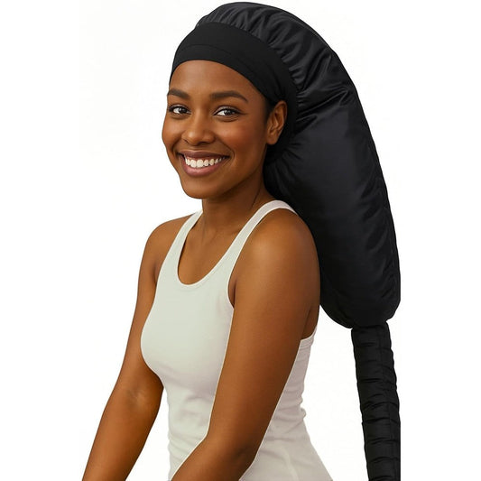 HSHHPZ hooded hair dryer bonnet attachment front view in black on model for professional home deep conditioning.