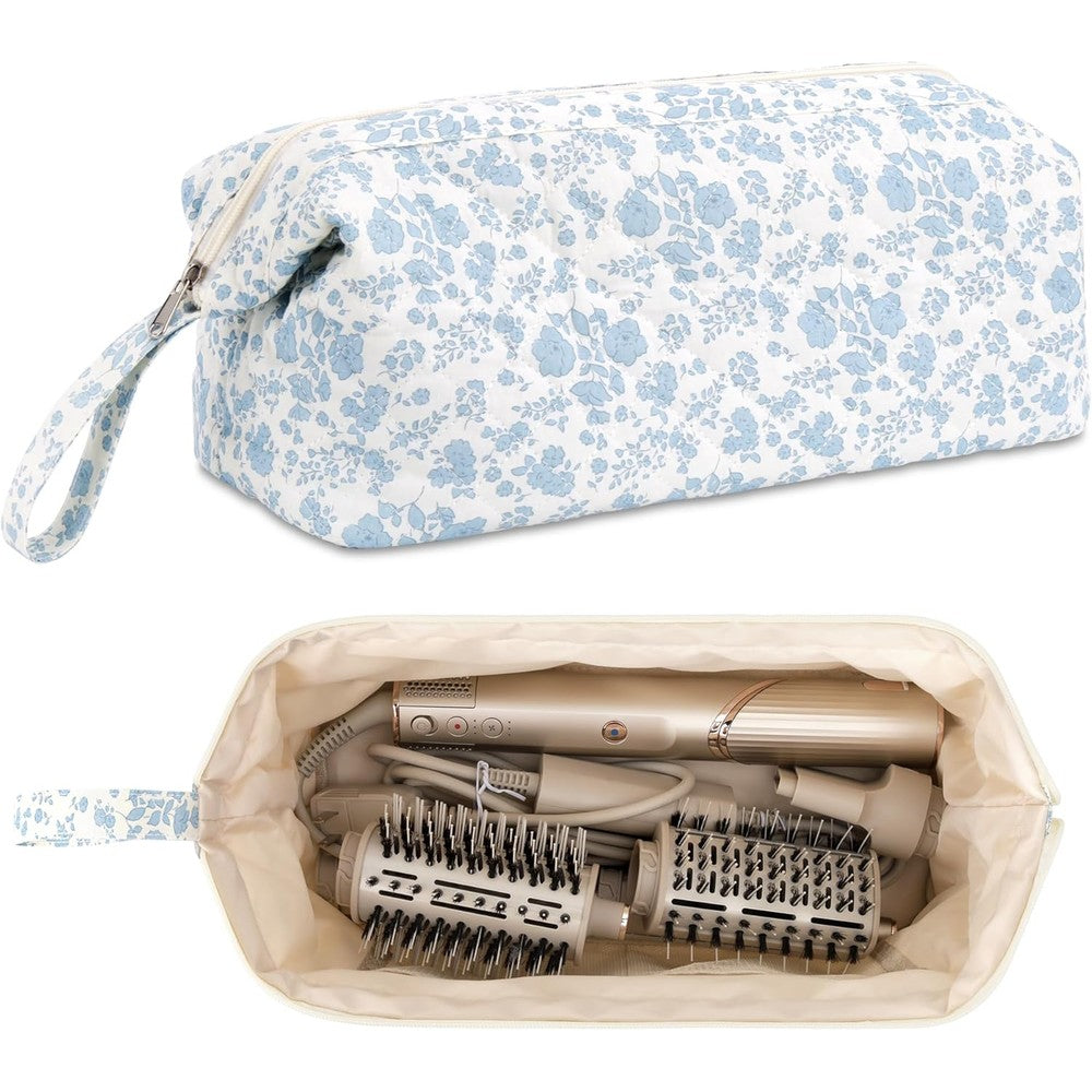 Mrltau quilted hair tools travel bag front view featuring blue floral pattern