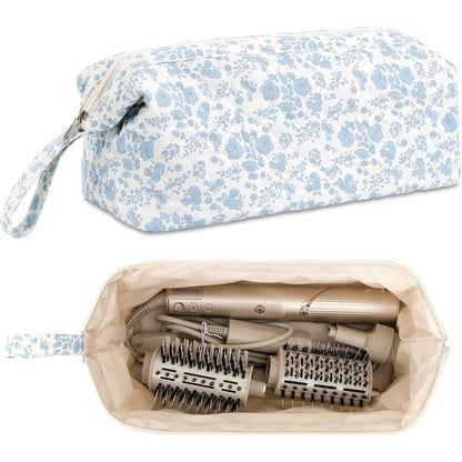 Mrltau quilted hair tools travel bag front view featuring blue floral pattern