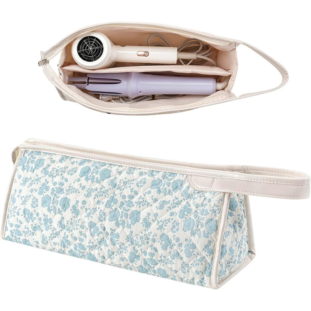 RSRSLEII large quilted hair tools travel bag blue flower front view showing aesthetic floral pattern