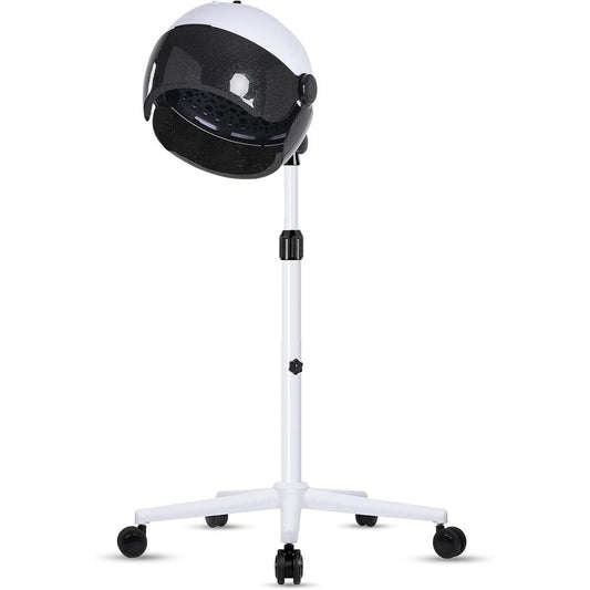 Findabetter Professional Hooded Hair Dryer front view showing the white tilting bonnet and rolling base wheels.