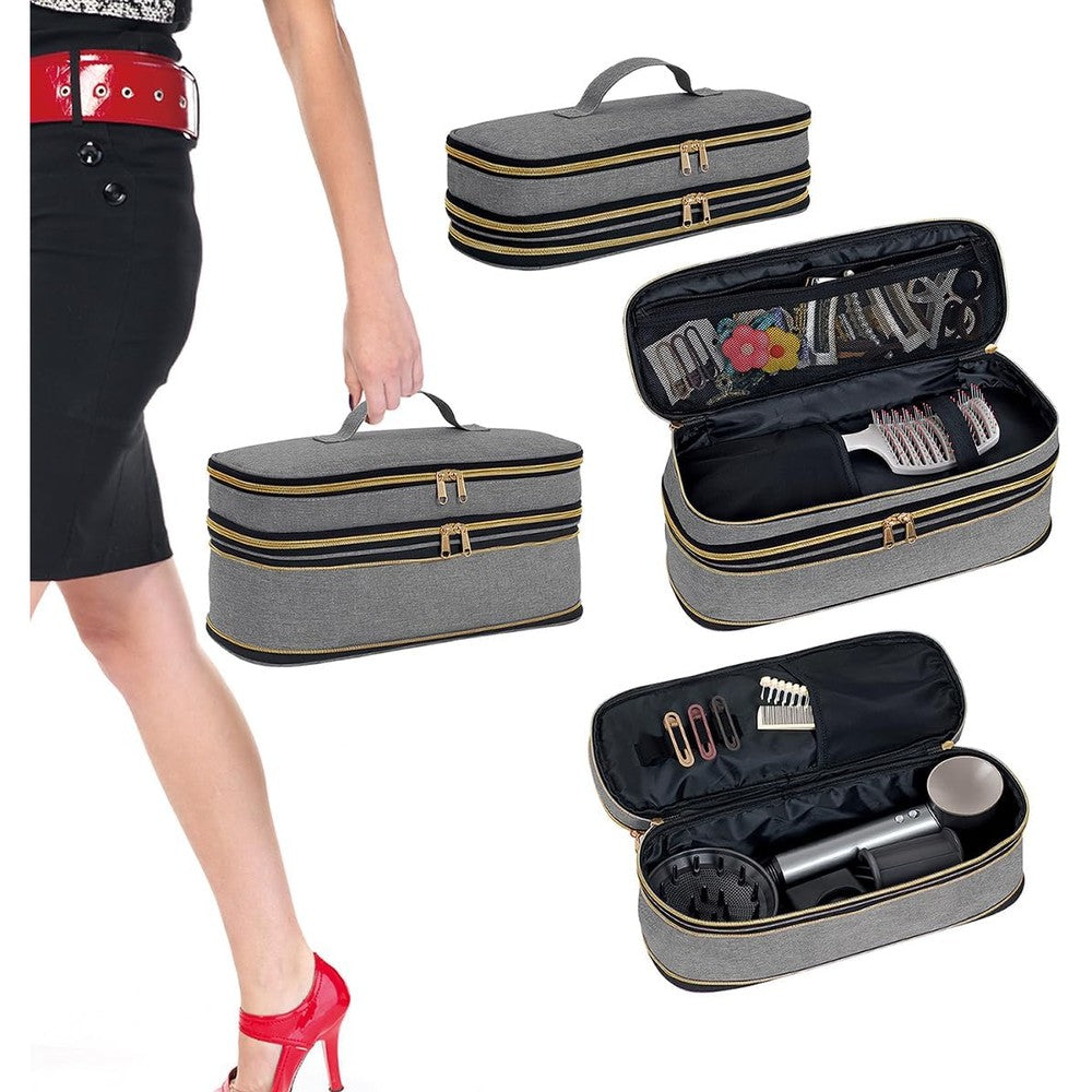 UOZL hair dryer travel carrying case front view showing black expandable fabric and gold zipper accents