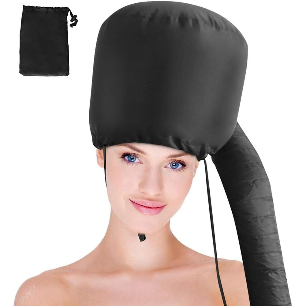 Detbext bonnet hood hairdryer attachment front view showing adjustable chin strap and long flexible hose