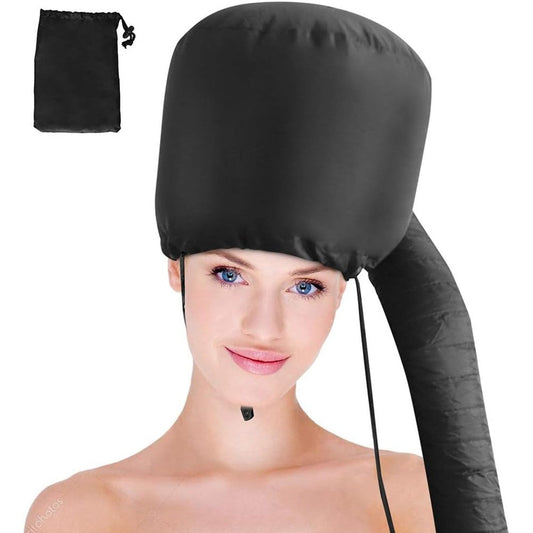 Detbext bonnet hood hairdryer attachment front view showing adjustable chin strap and long flexible hose