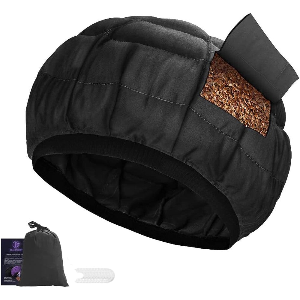 B Beautybaby Cordless Deep Conditioning Heat Cap front view showcasing the black cotton exterior on a model.