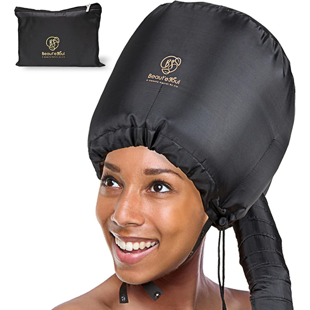 Beauté Seoul Bonnet Hair Dryer Attachment front view showing large soft black hood and long flexible hose collar.