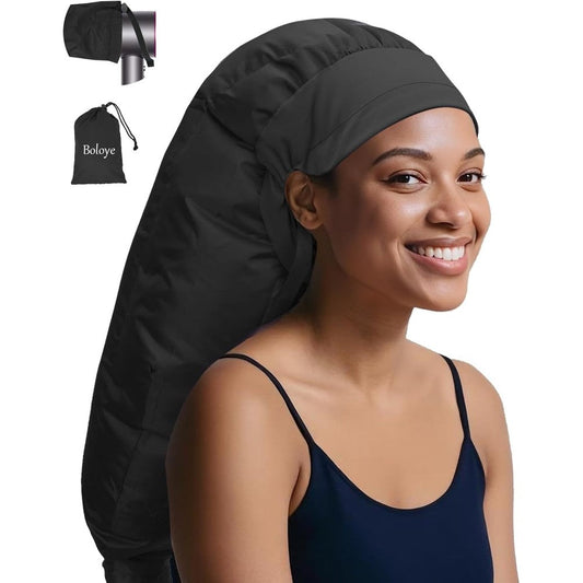 Boloye hair dryer bonnet attachment front view showing the extra large black hooded cap connected to a blow dryer hose.