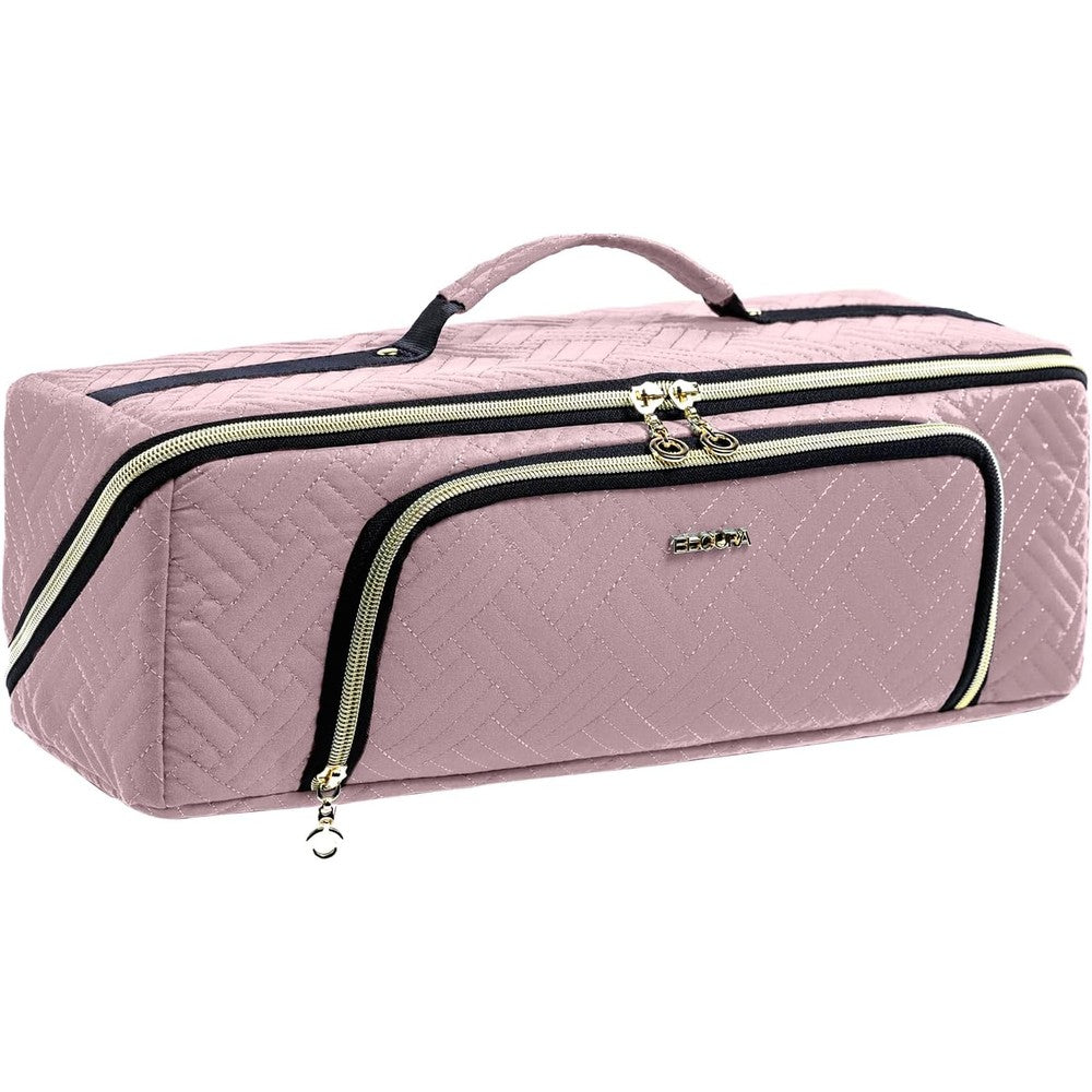 ELCUPA large hair tools travel bag front view in pink chevron quilted pattern