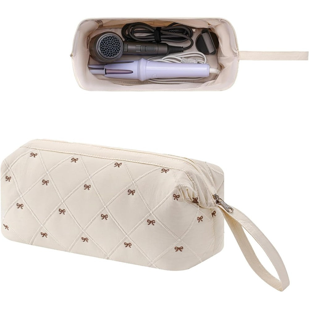 Rsrsleii quilted hair tools travel bag front view in beige