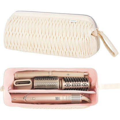 Leudes Dyson Airwrap travel case in beige front view showing premium quilted texture