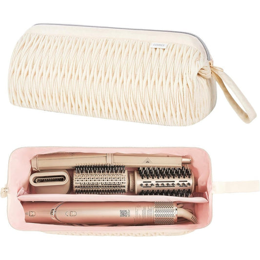 Leudes Dyson Airwrap travel case in beige front view showing premium quilted texture