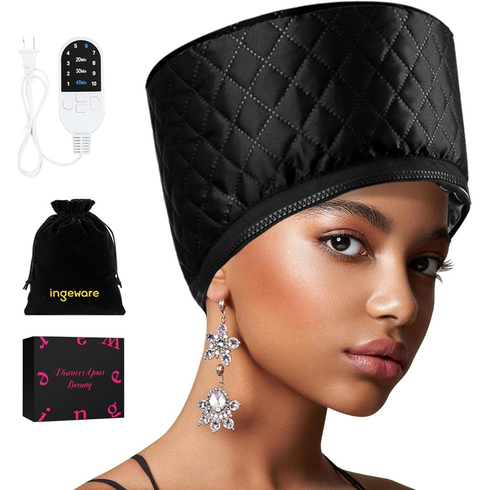 Ingeware electric hair steamer cap front view in solid black for home deep conditioning
